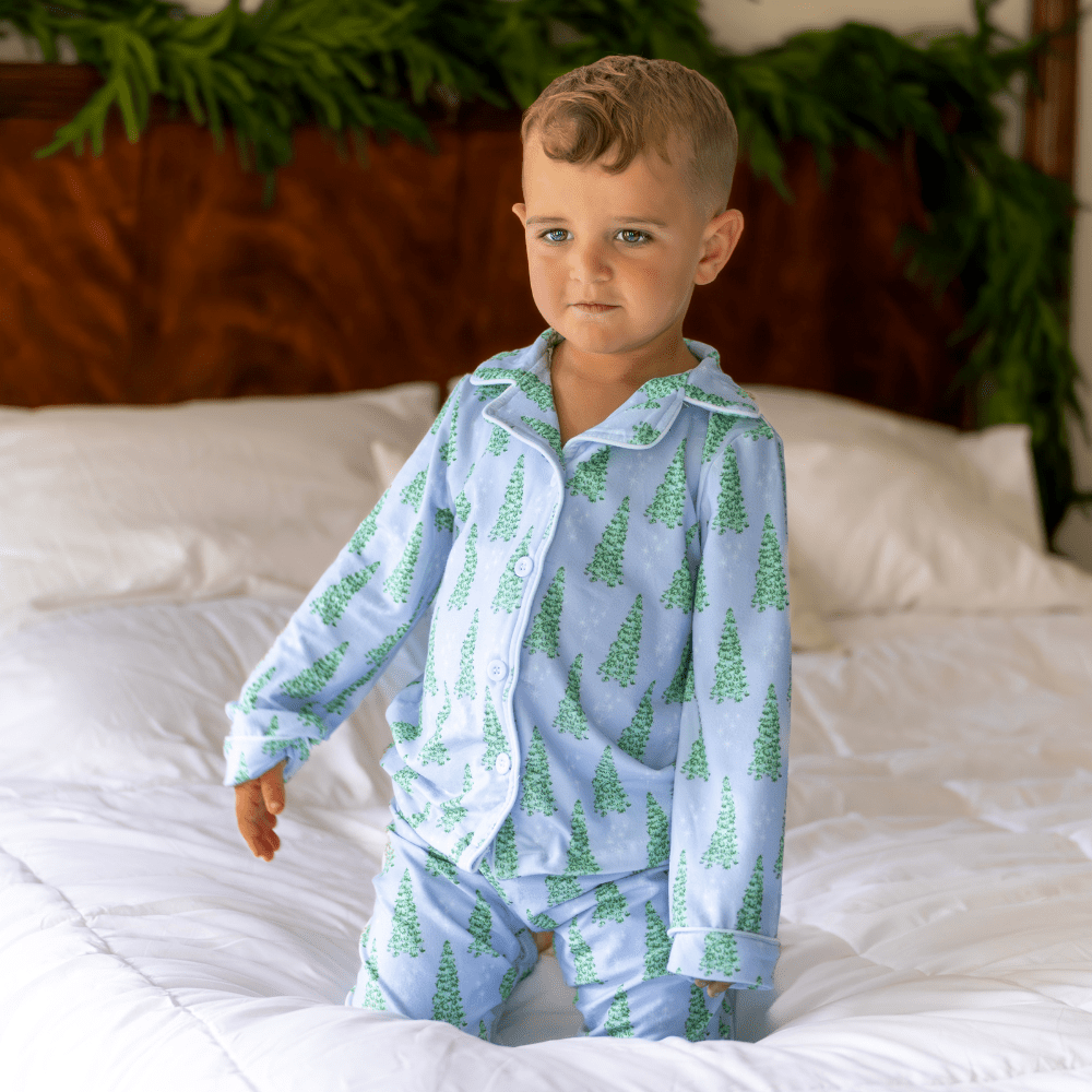 Button Down Pajamas Blue Christmas Tree Holiday Lounge – Sugar