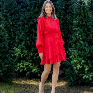 Evelyn - Holiday Red Long Sleeve Ruffle Dress - Sugar Bee Clothing