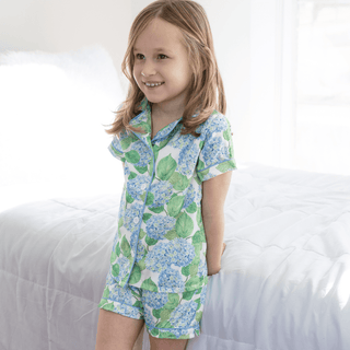 Mini Charlie Satin Short Set - Blue Hydrangeas - Sugar Bee Clothing