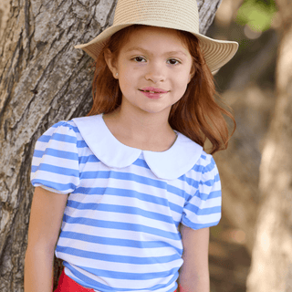Amelia Peter Pan Puff Sleeve Tee - Blue Stripe - Sugar Bee Clothing