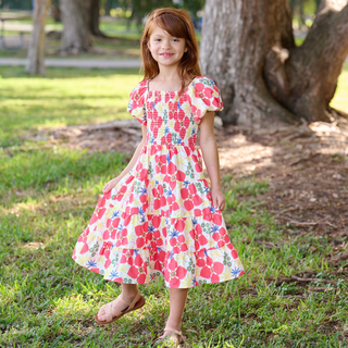 Lucy Smocked Tiered Puffy Sleeve Dress - Red Pinwheel - Sugar Bee Clothing