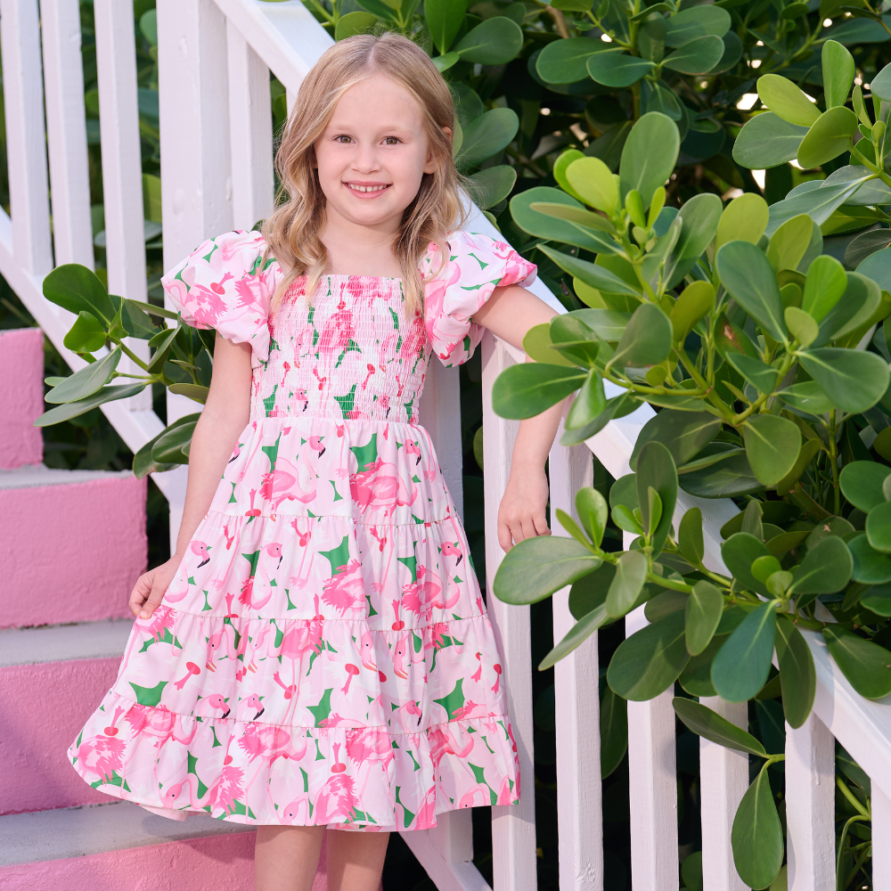 Lucy Smocked Tiered Puffy Sleeve Dress - Floral Flamingos