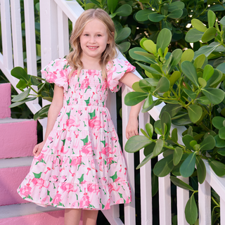 Lucy Smocked Tiered Puffy Sleeve Dress - Floral Flamingos - Sugar Bee Clothing