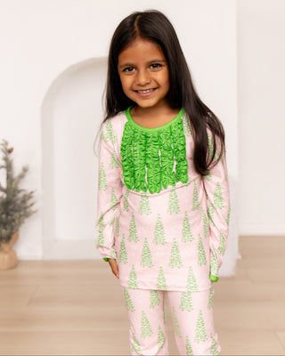 ****PREORDER***Ruffle Buttflap Pajamas - Classic Pink Christmas Tree