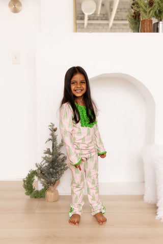 ****PREORDER***Ruffle Buttflap Pajamas - Classic Pink Christmas Tree