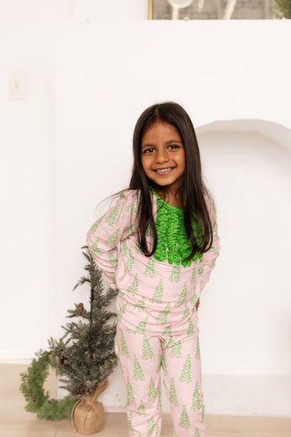 ****PREORDER***Ruffle Buttflap Pajamas - Classic Pink Christmas Tree