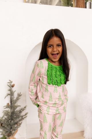 ****PREORDER***Ruffle Buttflap Pajamas - Classic Pink Christmas Tree