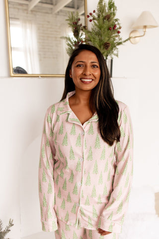 Adult Button Down PJs - Pink Christmas Tree - Sugar Bee Clothing
