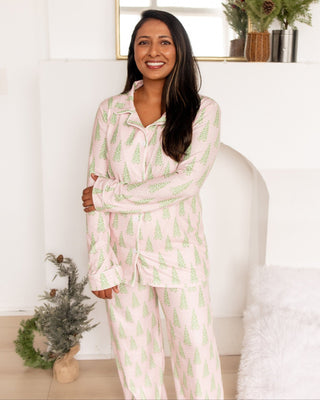 Adult Button Down PJs - Pink Christmas Tree - Sugar Bee Clothing
