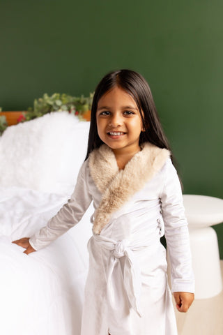 Mini Eleanor Fur Trimmed Robe - Cafe Au Lait - Sugar Bee Clothing