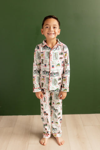 Organic Cotton Boys Button Down Pajamas - Boys Christmas in New York