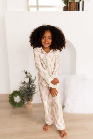 Kids Button Down PJs - Pink Christmas Tree - Sugar Bee Clothing