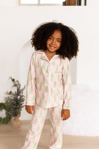 Kids Button Down PJs - Pink Christmas Tree - Sugar Bee Clothing