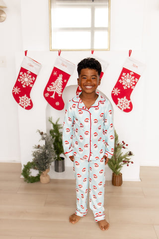 Kids Button Down Pajamas - Vintage Black Santa Holiday Lounge - Sugar Bee Clothing