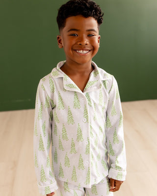 Kids Button Down Pajamas - Blue Christmas Tree Holiday Lounge - Sugar Bee Clothing