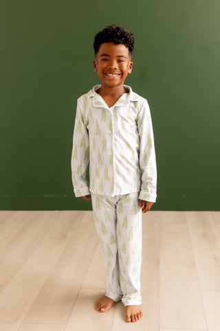 Kids Button Down Pajamas - Blue Christmas Tree Holiday Lounge - Sugar Bee Clothing
