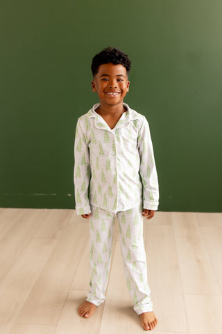 Kids Button Down Pajamas - Blue Christmas Tree Holiday Lounge - Sugar Bee Clothing