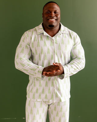 Adult Button Down Pajamas - Blue Christmas Tree Holiday Lounge - Sugar Bee Clothing