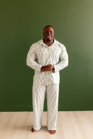 Adult Button Down Pajamas - Blue Christmas Tree Holiday Lounge - Sugar Bee Clothing