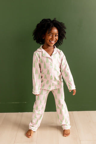 Kids Button Down PJs - Pink Christmas Tree - Sugar Bee Clothing