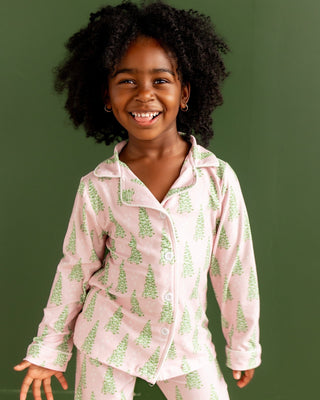 Kids Button Down PJs - Pink Christmas Tree - Sugar Bee Clothing