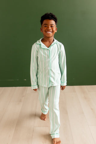 Kids Button Down Pajamas - Green Stripe Holiday Lounge - Sugar Bee Clothing