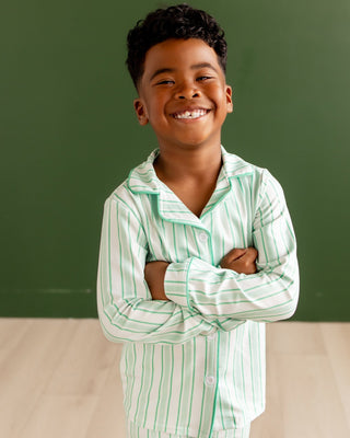 Kids Button Down Pajamas - Green Stripe Holiday Lounge - Sugar Bee Clothing