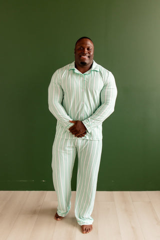 Adult Button Down Pajamas - Green Stripe Holiday Lounge - Sugar Bee Clothing