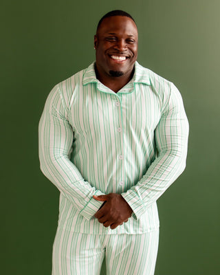 Adult Button Down Pajamas - Green Stripe Holiday Lounge - Sugar Bee Clothing
