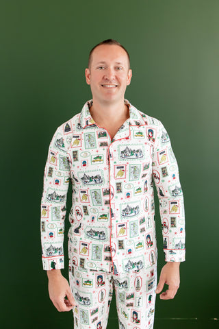 Organic Cotton Men's Button Down Pajamas - Boys Christmas in New York