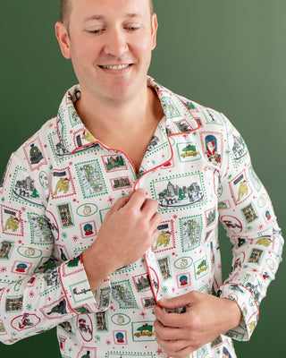 Organic Cotton Men's Button Down Pajamas - Boys Christmas in New York