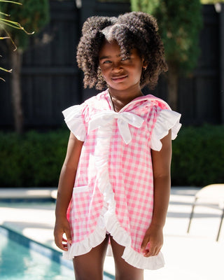 ***PREORDER***Swim Cover Up - Pink Gingham Ruffle With Bows - Sugar Bee Clothing