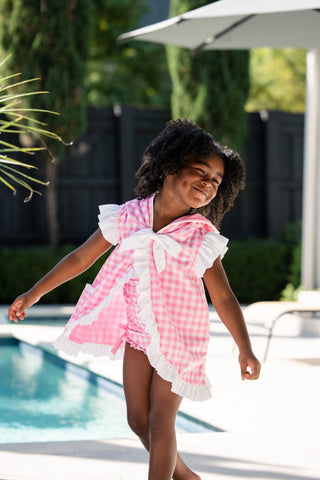 ***PREORDER***Swim Cover Up - Pink Gingham Ruffle With Bows - Sugar Bee Clothing