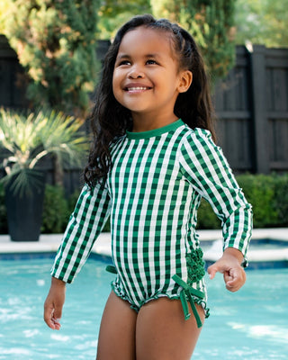 ***PREORDER***Ruffle Bottom Swimsuit - Green Gingham