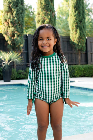 ***PREORDER***Ruffle Bottom Swimsuit - Green Gingham