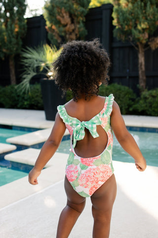 Bow Back Swimsuit - Red Hydrangeas - Sugar Bee Clothing