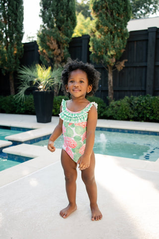 Bow Back Swimsuit - Red Hydrangeas - Sugar Bee Clothing