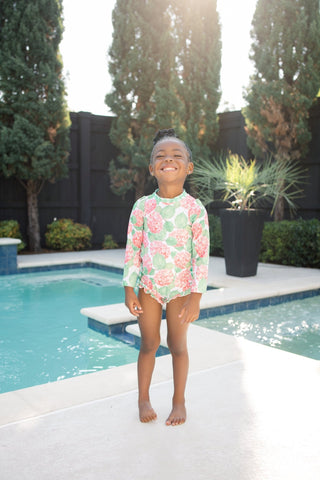Ruffle Bottom Swim - Red Hydrangeas - Sugar Bee Clothing