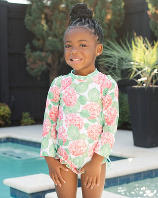 Ruffle Bottom Swim - Red Hydrangeas - Sugar Bee Clothing