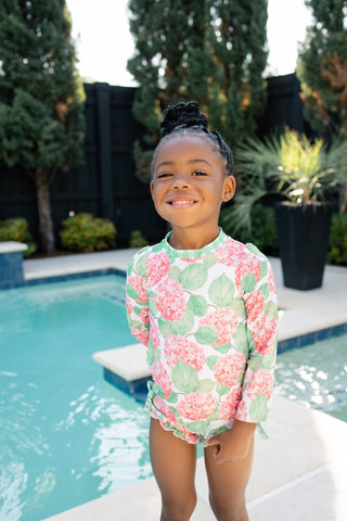 Ruffle Bottom Swim - Red Hydrangeas - Sugar Bee Clothing