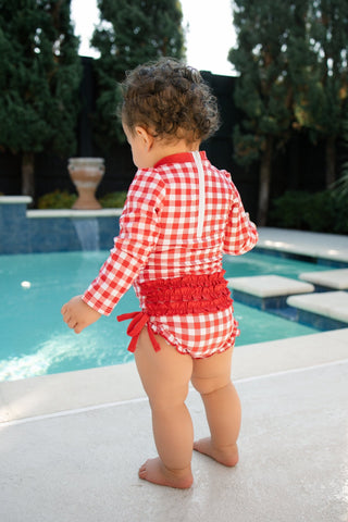 Ruffle Bottom Swimsuit - Red Gingham - Sugar Bee Clothing