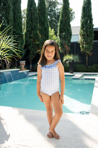 ***PREORDER***Bow Back Swimsuit - Blue Gingham