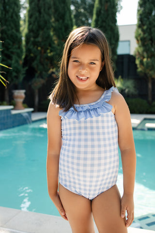 ***PREORDER***Bow Back Swimsuit - Blue Gingham