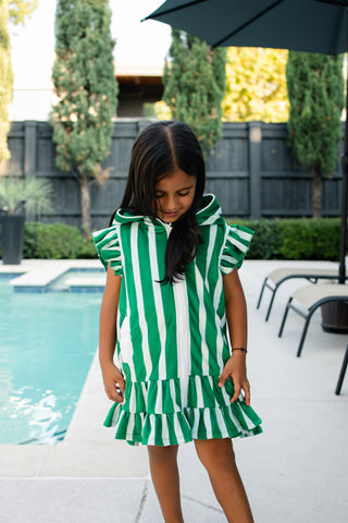 ***PREORDER***Ruffle Swim Cover Up - Green Cabana Stripe