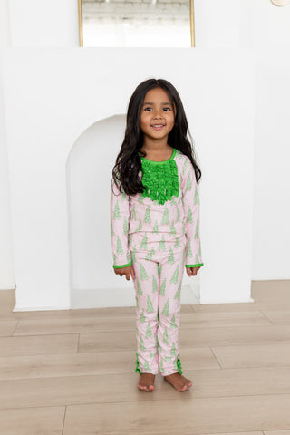 Ruffle Buttflap Pajamas - Classic Pink Christmas Tree