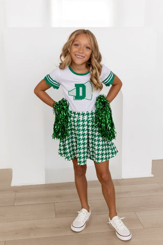 2-Piece Scalloped Tee and Skort Set - Green Houndstooth - Sugar Bee Clothing