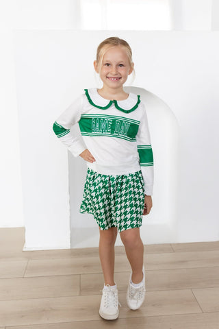 2-Piece Long Sleeve Game Day and Skort Set - Green Houndstooth - Sugar Bee Clothing