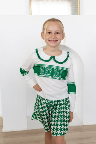 2-Piece Long Sleeve Game Day and Skort Set - Green Houndstooth - Sugar Bee Clothing