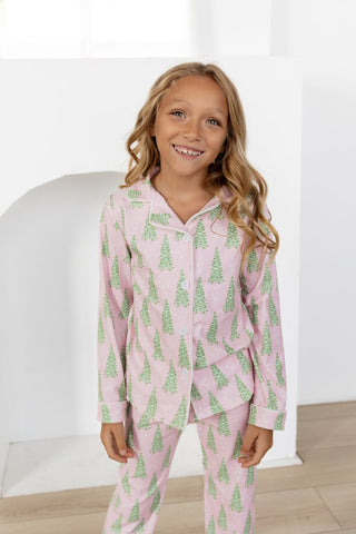 Kids Button Down PJs - Pink Christmas Tree - Sugar Bee Clothing