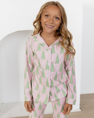 Kids Button Down PJs - Pink Christmas Tree - Sugar Bee Clothing